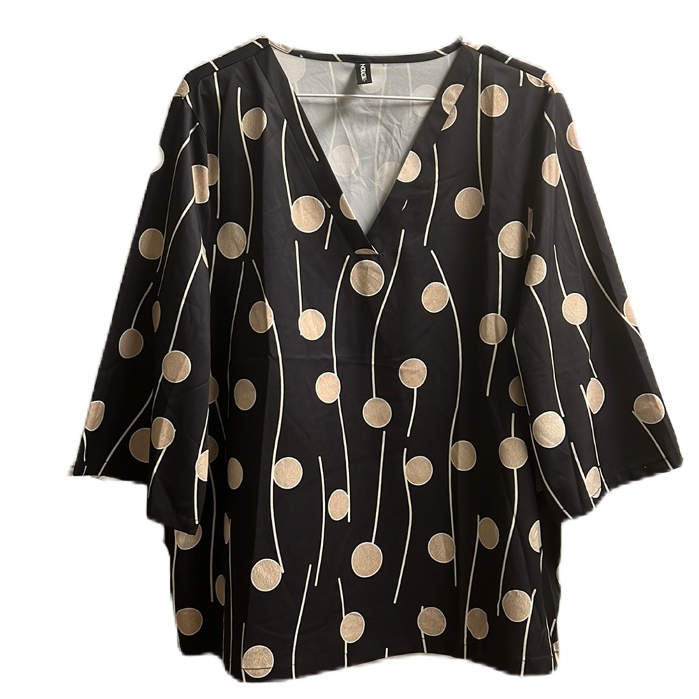 NoraCora, Circle & Line Print, Multi Color, V-Neck, Short Sleeve Top, Size L